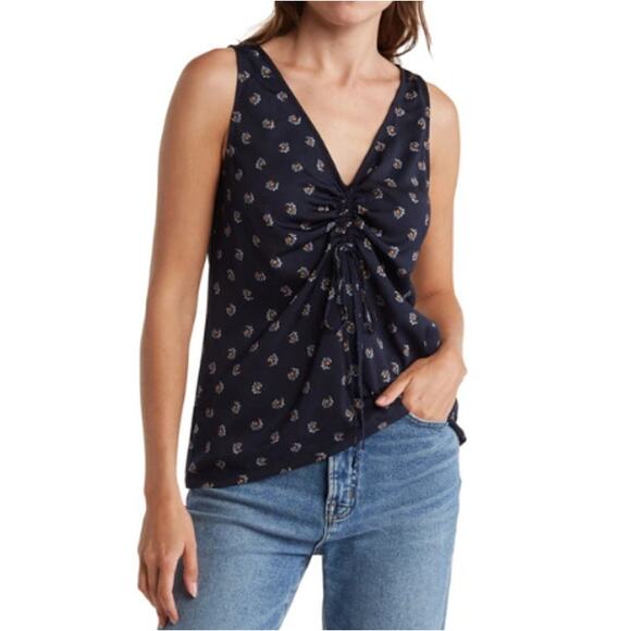 New ~ MELROSE and MARKET ~  Navy Esme Clip Floral Cinched Front Top Size XS - Picture 1 of 9